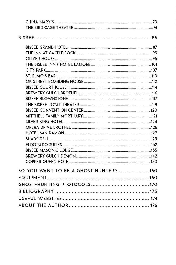 Southern Arizona’s Most Haunted by Schiffer Publishing, Ltd. includes a table of contents featuring haunted sites like Bisbee Grand Hotel, ghost hunting tools, a bibliography, websites, and stories inspired by the Old Bisbee Ghost Tour.
