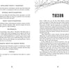 In Southern Arizona's Most Haunted by Schiffer Publishing, Ltd., an open book displays ghost types and paranormal activity left, Tucson's haunted history right, with TUCSON in bold at the top; both pages use a clear serif font.