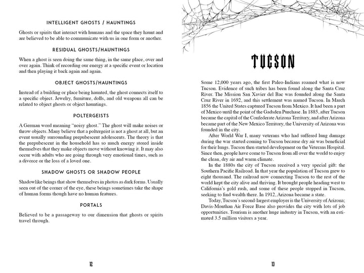 In Southern Arizona's Most Haunted by Schiffer Publishing, Ltd., an open book displays ghost types and paranormal activity left, Tucson's haunted history right, with TUCSON in bold at the top; both pages use a clear serif font.