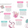 A pastel-colored page from Schiffer Publishing, Ltd.'s "By the Seaside Coastal Coloring Book" features sea creatures—fish, an octopus, jellyfish, and shells—with coloring tips in playful pink and teal text boxes.
