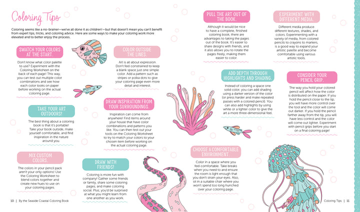 A pastel-colored page from Schiffer Publishing, Ltd.'s "By the Seaside Coastal Coloring Book" features sea creatures—fish, an octopus, jellyfish, and shells—with coloring tips in playful pink and teal text boxes.