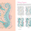 On the left, By the Seaside Coastal Coloring Book by Schiffer Publishing, Ltd. shows two pastel seahorses with coral and shells; on the right, a 7-step marine coloring guide reveals how each layer brings these seahorses to life.