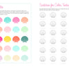 Two pages from the By the Seaside Coastal Coloring Book by Schiffer Publishing, Ltd. show pastel and vibrant shell palettes labeled with names like Mango Tango on the left and grid-arranged shell outlines for swatch testing on the right.