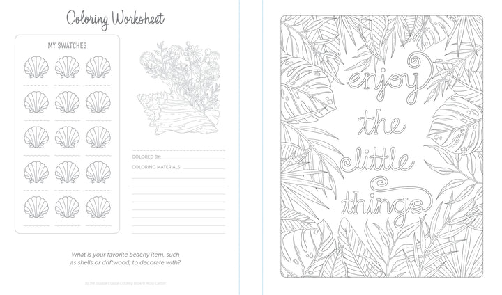 The By the Seaside Coastal Coloring Book by Schiffer Publishing, Ltd. features black-and-white beach-themed worksheets with shell color swatches, note space, and a floral page with “enjoy the little things” among tropical leaves and shells.