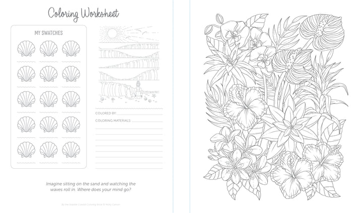 Discover relaxation with the By the Seaside Coastal Coloring Book by Schiffer Publishing, Ltd.—a floral and shell-themed worksheet featuring color swatches, space for materials, and a beach prompt for fans of marine patterns.