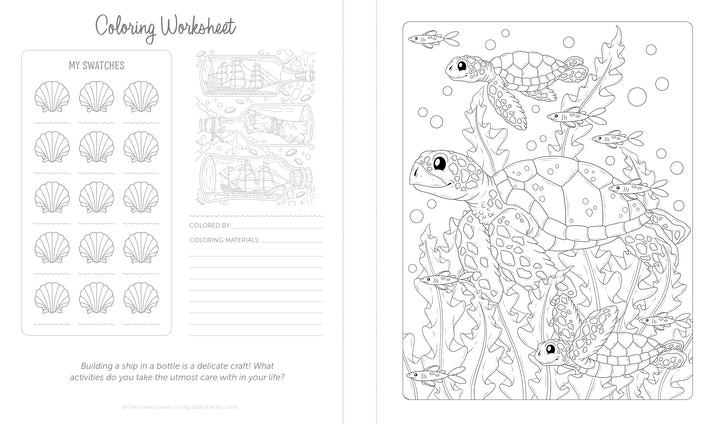 By the Seaside Coastal Coloring Book by Schiffer Publishing, Ltd. features seashell swatches, a ship in a bottle to color with note lines, and a right page displaying sea turtles among marine patterns of seaweed and fish.