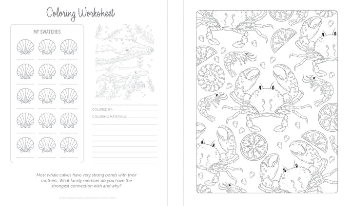 The By the Seaside Coastal Coloring Book by Schiffer Publishing, Ltd. features a black-and-white worksheet with seashell swatches, notes section, and patterns of crabs, lemon slices, and coral for relaxing coloring and reflection on family bonds.