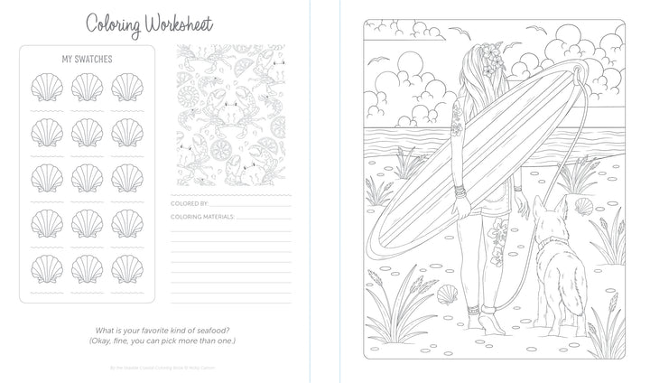 By the Seaside Coastal Coloring Book by Schiffer Publishing, Ltd. features a surfer girl with her dog, surfboard, waves, and clouds. The left page offers shell swatches and notes—ideal for fans of marine-themed coloring patterns.