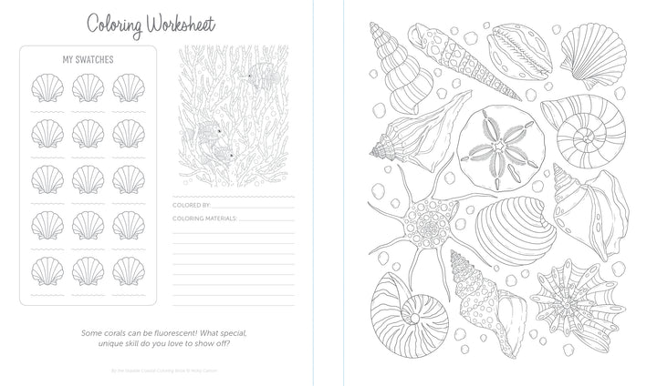 The By the Seaside Coastal Coloring Book by Schiffer Publishing, Ltd. includes worksheets with shell swatches, marine patterns, a question on coral fluorescence, and sand dollar designs for creative coastal coloring.