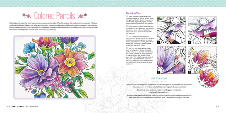 Create vibrant pink and purple flowers with green leaves using tips for blending and shading petals in the Funky Florals Art Coloring Book by Schiffer Publishing, Ltd. Includes floral coloring patterns and step-by-step techniques for adults.