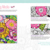 A spread from the Funky Florals Art Coloring Book by Schiffer Publishing, Ltd. features vibrant floral designs in pink, yellow, green, and purple with step-by-step guides for alcohol markers, colored pencils, gel pens, and water-based markers.