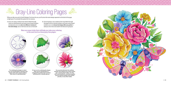 A vibrant illustration of large flowers and butterflies with coloring tips on the left, sample images, and pink top border—ideal for adult coloring. From Schiffer Publishing, Ltd.'s Funky Florals Art Coloring Book featuring decorative floral patterns.