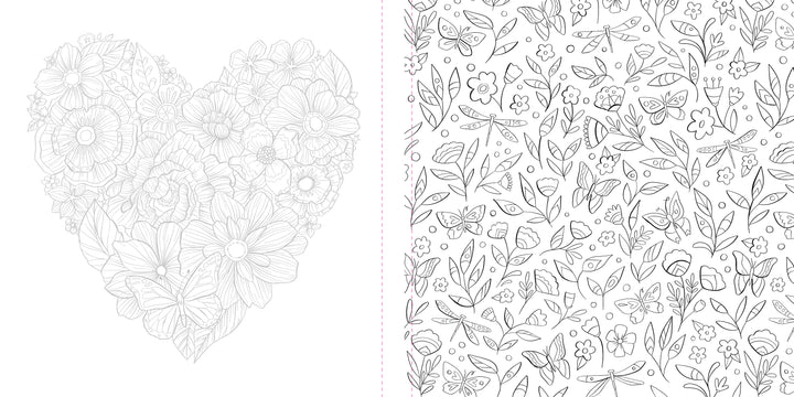 Left: A heart-shaped design of detailed flowers and leaves. Right: A seamless black-and-white floral pattern with butterflies and dragonflies—both featured in the Funky Florals Art Coloring Book by Schiffer Publishing, Ltd.