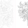 A detailed black-and-white floral illustration from Schiffer Publishing, Ltd.'s Funky Florals Art Coloring Book features various flowers, berries, and leaves—a bouquet appears on the right and a faded floral close-up fills the left background.