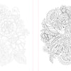 Funky Florals Art Coloring Book by Schiffer Publishing, Ltd. features a black and white page with faint flowers on the left and detailed flowers, leaves, and two hummingbirds facing each other on the right—ideal for adult coloring.