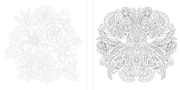 Funky Florals Art Coloring Book by Schiffer Publishing, Ltd. features a black and white page with faint flowers on the left and detailed flowers, leaves, and two hummingbirds facing each other on the right—ideal for adult coloring.