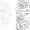 Black and white floral patterns with large flowers and leaves fill this page from the Funky Florals Art Coloring Book by Schiffer Publishing, Ltd. Right side features hand-lettered “MAKE today COLORFUL.” Ideal for adult or mixed-media coloring projects.
