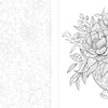 From Schiffer Publishing, Ltd.’s Funky Florals Art Coloring Book: this black and white page has dense floral patterns on the left and a detailed bouquet in a decorative vase on the right—ideal for adult coloring fans.