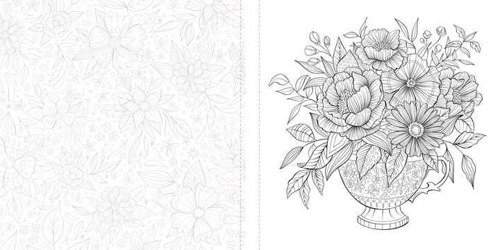 From Schiffer Publishing, Ltd.’s Funky Florals Art Coloring Book: this black and white page has dense floral patterns on the left and a detailed bouquet in a decorative vase on the right—ideal for adult coloring fans.