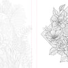 This black-and-white line drawing from Funky Florals Art Coloring Book by Schiffer Publishing, Ltd. features tropical flowers, leaves, and a parrot on one side, with a hibiscus bouquet in a geometric frame—ideal for adult coloring fun.