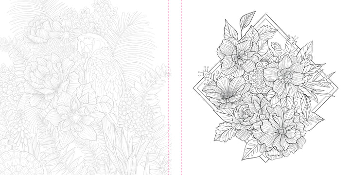This black-and-white line drawing from Funky Florals Art Coloring Book by Schiffer Publishing, Ltd. features tropical flowers, leaves, and a parrot on one side, with a hibiscus bouquet in a geometric frame—ideal for adult coloring fun.