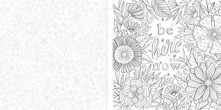 The Funky Florals Art Coloring Book by Schiffer Publishing, Ltd. features bold black-and-white floral illustrations with hand-lettered “be here now” text and a subtle coloring pattern, ideal for any adult coloring book fan.