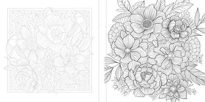 Discover two detailed black-and-white floral illustrations from Schiffer Publishing, Ltd.'s Funky Florals Art Coloring Book—one with birds in a square frame, the other featuring a lush bouquet—ideal for adult coloring and floral pattern enthusiasts.
