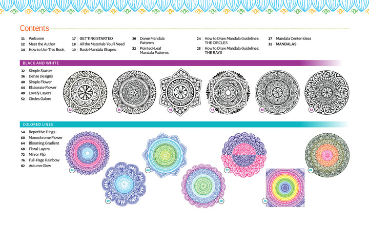 The table of contents from "A Bright & Beautiful Guide to Drawing Mandalas" (Schiffer Publishing, Ltd.) features black and white mandalas on top, colored ones below, a blue-yellow border, and lists sections, page numbers, and mandala drawing tips.