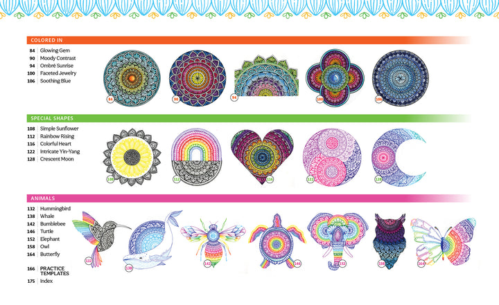 A Bright & Beautiful Guide to Drawing Mandalas by Schiffer Publishing, Ltd. features a vibrant index of 15 intricate mandala designs—circular, heart, sun, moon, whale, hummingbird, butterfly, and bear—in colored and special shapes categories. Perfect for enthusiasts!.