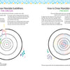 A Bright & Beautiful Guide to Drawing Mandalas by Schiffer Publishing, Ltd. features a colorful instructional page showing mandala creation: use a compass and protractor for circles (left), and divide them into equal segments for rays (right).