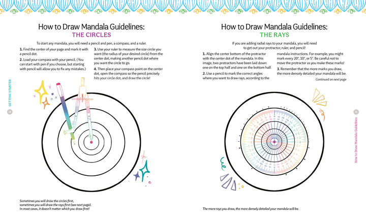 A Bright & Beautiful Guide to Drawing Mandalas by Schiffer Publishing, Ltd. features a colorful instructional page showing mandala creation: use a compass and protractor for circles (left), and divide them into equal segments for rays (right).