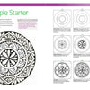 On the left, "A Bright & Beautiful Guide to Drawing Mandalas" by Schiffer Publishing, Ltd., displays a detailed black and white mandala. On the right are nine illustrated steps with explanatory text for drawing symmetrical mandalas.