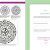 A Bright & Beautiful Guide to Drawing Mandalas by Schiffer Publishing, Ltd. features a black and white mandala coloring page with step-by-step instructions and a pastel green journal page with reflection questions and a purple quote about learning.