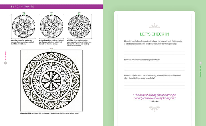 A Bright & Beautiful Guide to Drawing Mandalas by Schiffer Publishing, Ltd. features a black and white mandala coloring page with step-by-step instructions and a pastel green journal page with reflection questions and a purple quote about learning.