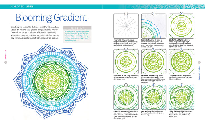 A Bright & Beautiful Guide to Drawing Mandalas by Schiffer Publishing, Ltd. teaches you to create colorful gradient mandalas with blue and green segments, circular patterns, step-by-step instructions, and vivid illustrations.