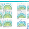 A Bright & Beautiful Guide to Drawing Mandalas by Schiffer Publishing, Ltd. provides step-by-step instructions and twelve images showing how to color mandala designs with blue, green, and teal pencils on partially colored patterns.
