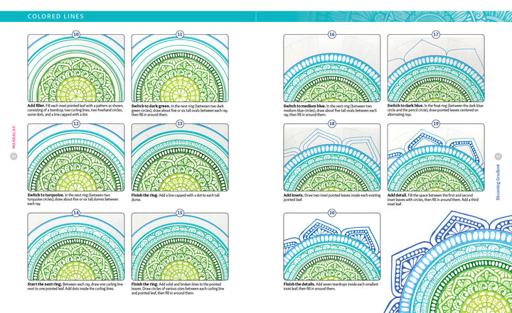 A Bright & Beautiful Guide to Drawing Mandalas by Schiffer Publishing, Ltd. provides step-by-step instructions and twelve images showing how to color mandala designs with blue, green, and teal pencils on partially colored patterns.