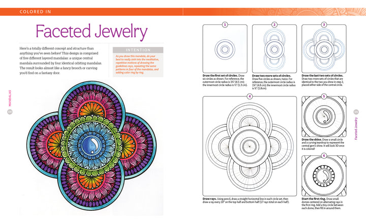 A Bright & Beautiful Guide to Drawing Mandalas by Schiffer Publishing, Ltd. features a vibrant mandala design and clear black-and-white step-by-step instructions for drawing your own using circles and lines.