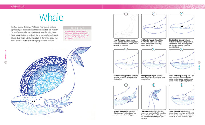 Schiffer Publishing, Ltd.'s "A Bright & Beautiful Guide to Drawing Mandalas" offers a step-by-step grid guide to create a stylized whale with blue mandala designs, showing progress images and instructions for mandala drawing enthusiasts.