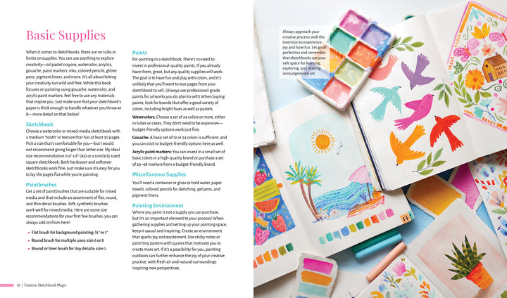The Creative Sketchbook Magic by Schiffer Publishing, Ltd. features colorful watercolor bird and landscape art alongside paints and brushes—perfect for beginner art lessons or daily prompts on a bright white surface.