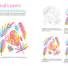 Discover Schiffer Publishing, Ltd.'s Creative Sketchbook Magic: a beginner-friendly watercolor painting tutorial for tropical leaves, featuring a vibrant leaf artwork and four illustrated step-by-step instructions. Perfect for art lessons!.
