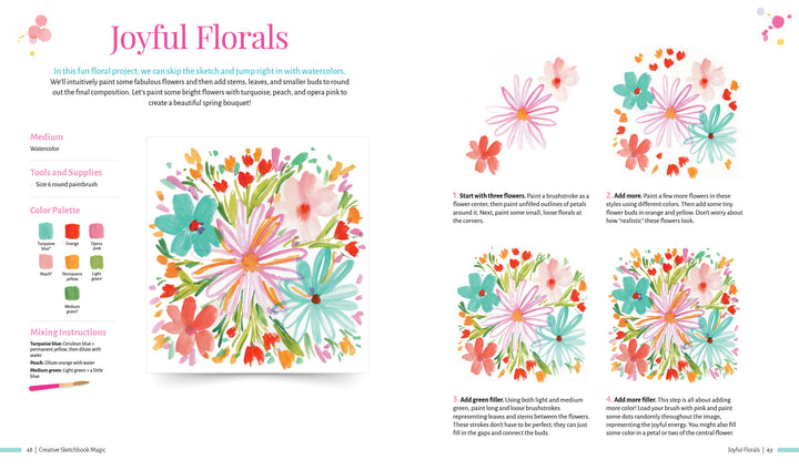 Creative Sketchbook Magic" by Schiffer Publishing, Ltd. is an art guide featuring a central watercolor bouquet in pink, orange, and teal with six step-by-step illustrated tutorials for painting vibrant floral arrangements.