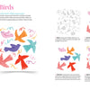 Creative Sketchbook Magic by Schiffer Publishing, Ltd. offers a step-by-step guide to painting vibrant orange, blue, purple, and pink birds in flight with gouache, featuring swirling lines and detailed instructions for beginner art lessons.