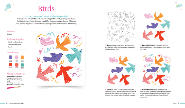 Creative Sketchbook Magic by Schiffer Publishing, Ltd. offers a step-by-step guide to painting vibrant orange, blue, purple, and pink birds in flight with gouache, featuring swirling lines and detailed instructions for beginner art lessons.