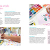 A vibrant page from "Creative Sketchbook Magic" by Schiffer Publishing, Ltd. shares daily painting tips with watercolor tutorials, brush advice, and a floral project. Text in pastel columns highlights inspiring artistic examples.