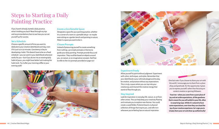 A vibrant page from "Creative Sketchbook Magic" by Schiffer Publishing, Ltd. shares daily painting tips with watercolor tutorials, brush advice, and a floral project. Text in pastel columns highlights inspiring artistic examples.