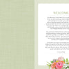 A welcome page features a green textured left background and a white box on the right with a message about your new MindfulMoments Crosswords book by Schiffer Publishing, Ltd. Colorful flowers at the bottom right add cheer to your puzzle journey.