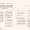 An illustrated magazine spread titled "MindfulMoments Crosswords" from Schiffer Publishing, Ltd. showcases tips for using self-care crossword puzzles as a mindful ritual, with floral accents and a featured Anne Lamott quote on the right.