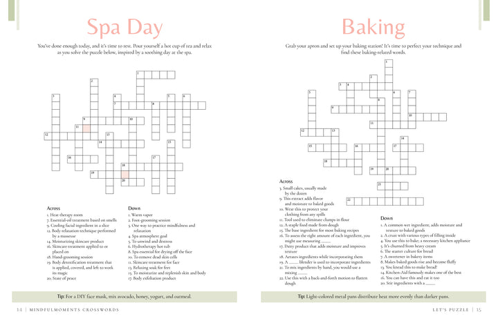 MindfulMoments Crosswords by Schiffer Publishing, Ltd. features two side-by-side self-care puzzles—Spa Day and Baking—with numbered clues and footnotes in a clean, minimal layout for a relaxing word puzzle book experience.