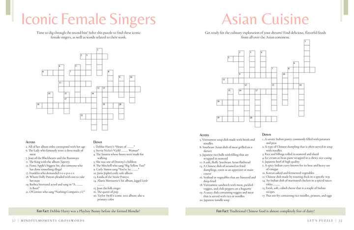 The MindfulMoments Crosswords by Schiffer Publishing, Ltd. offers a two-page spread with self-care puzzles—Iconic Female Singers on the left, Asian Cuisine on the right—and includes clues below each puzzle plus a fun fact at the bottom for relaxation.
